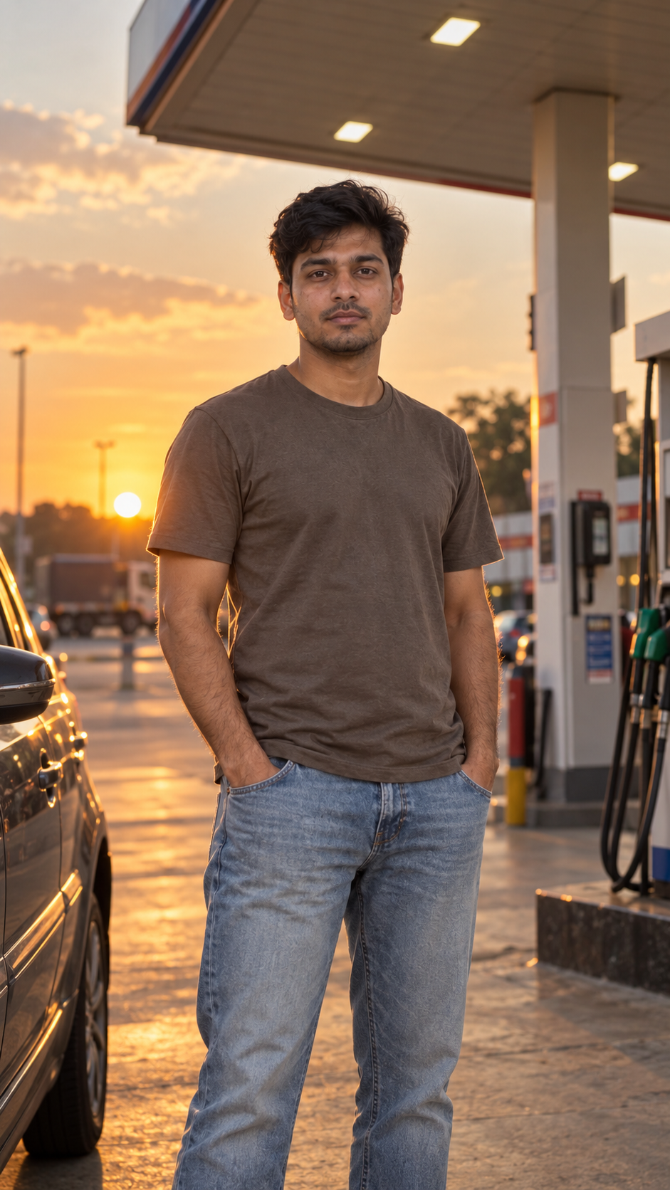 Cinematic Petrol Pump Sunset AI Photo Editing Prompt — example result