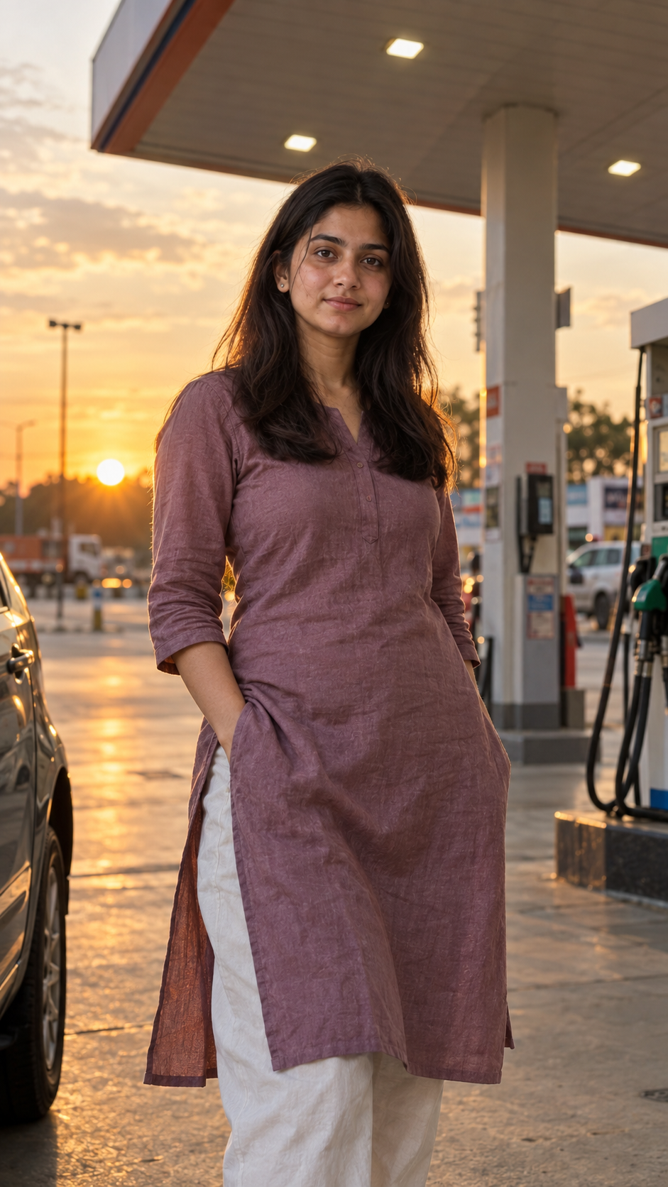 Cinematic Petrol Pump Sunset AI Photo Editing Prompt — example result