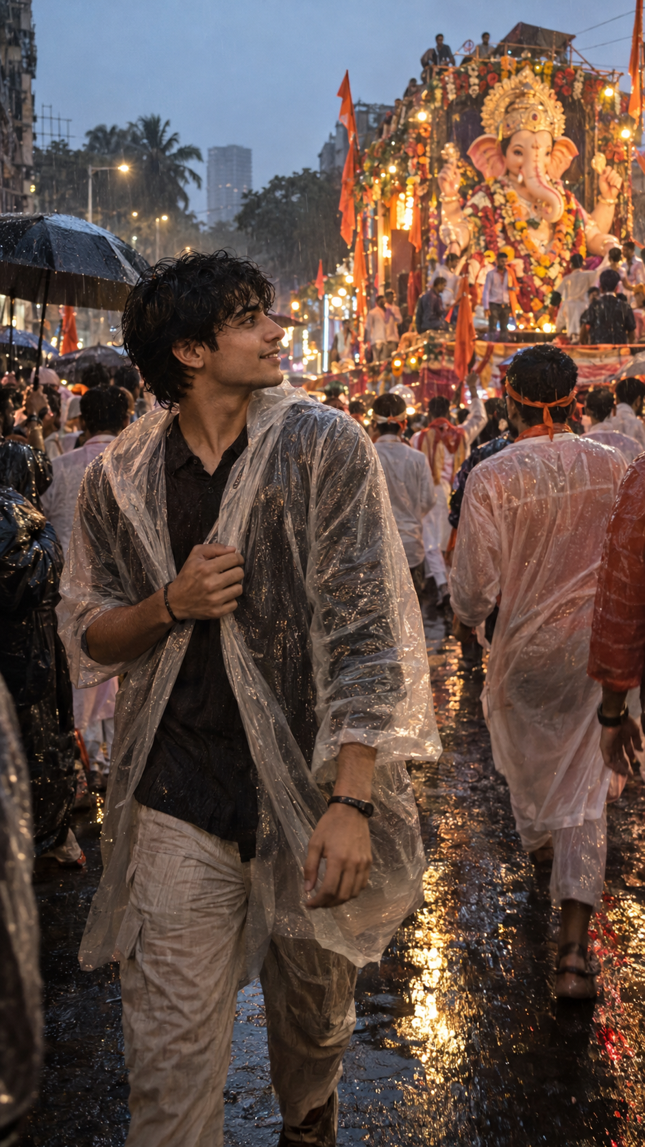 Ganesh Visarjan Rain Walk — Cinematic Indian Street Photo Prompt — example result