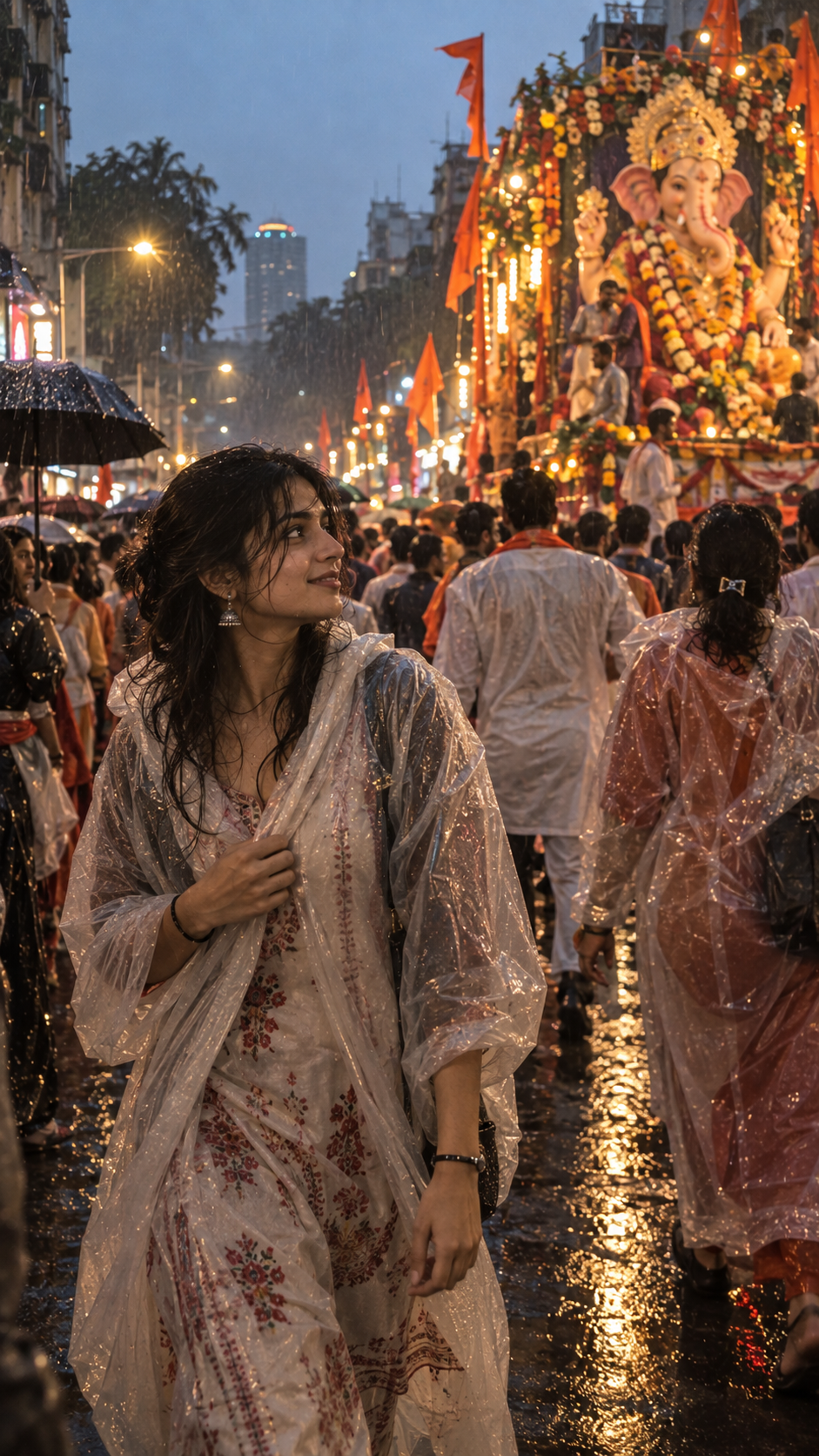 Ganesh Visarjan Rain Walk — Cinematic Indian Street Photo Prompt — example result