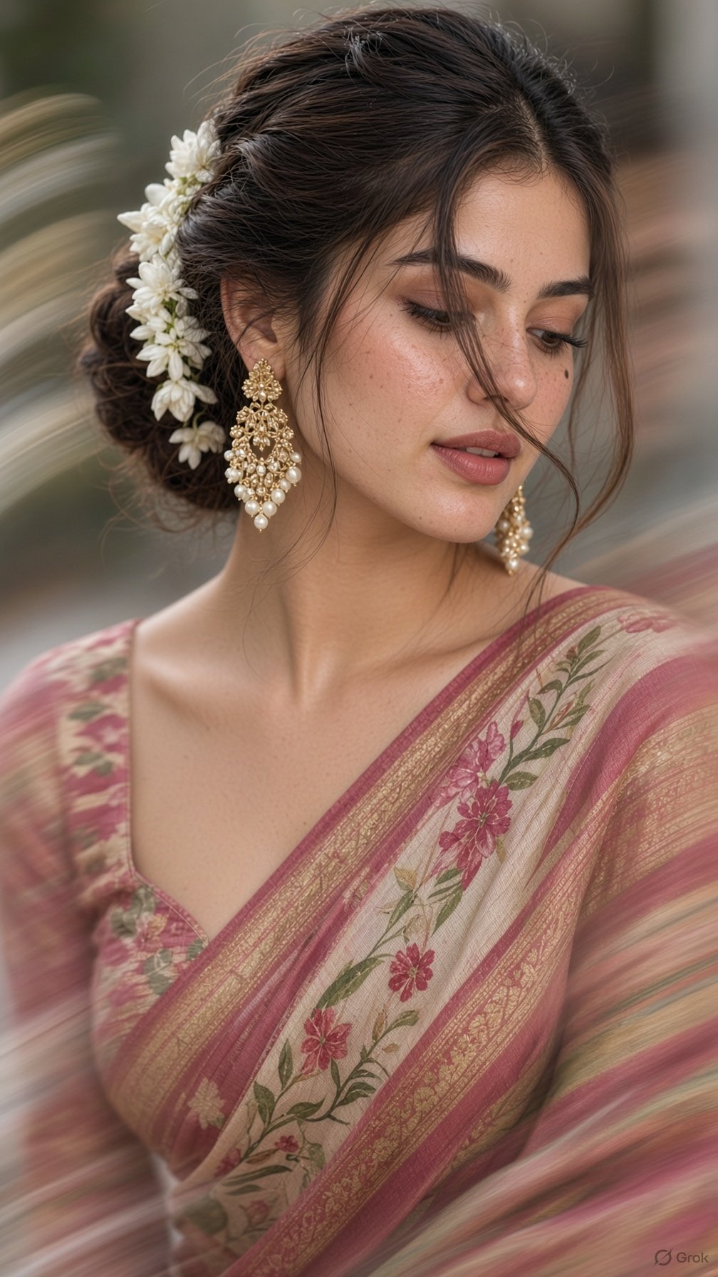create South Indian saree Motion Blur image with just one Prompt — Grok result 1