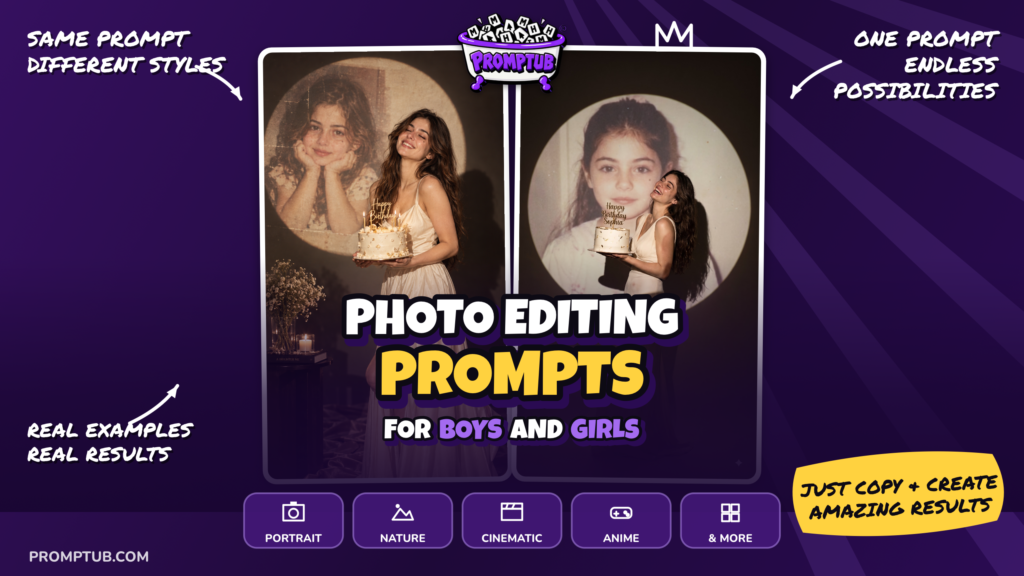 Create Birthday Memory Projection Prompt with your two photos — A cinematic birthday portrait combining a present-day celebration with a nostalgic childhood
