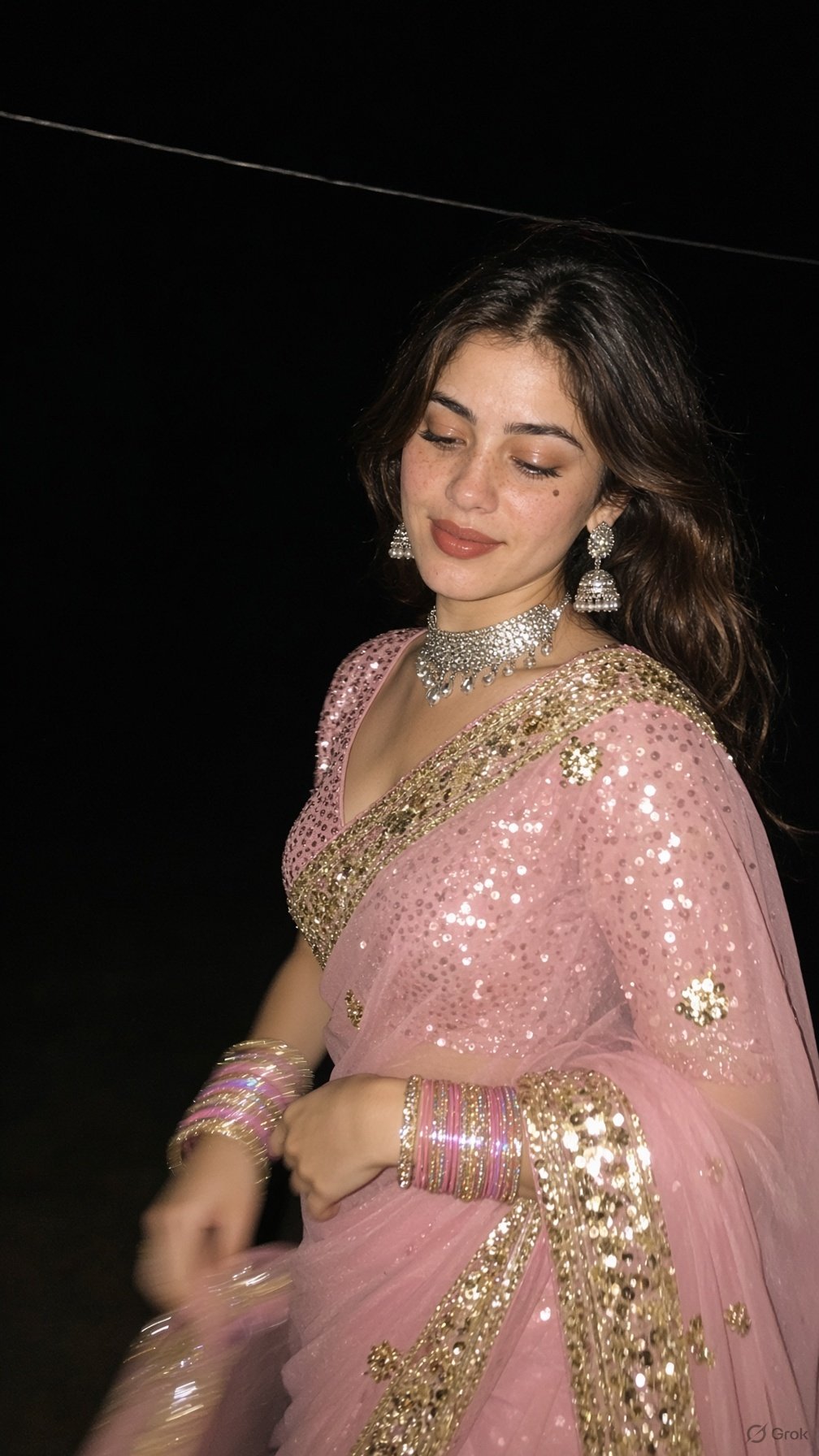 Pink Saree Flash Night photo easy to create — Grok result 1