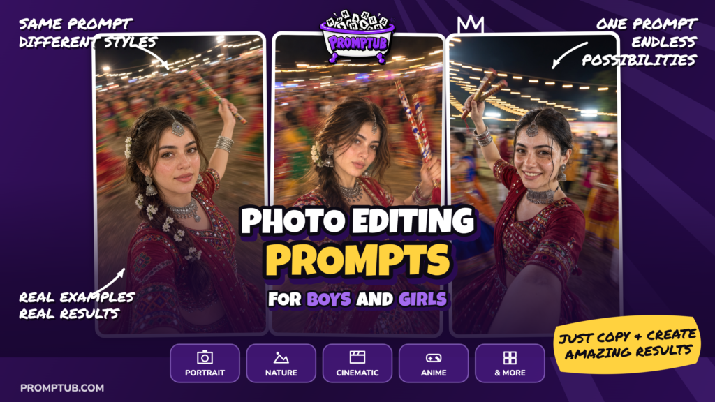 Turn your normal image into navratri selfie photo — A mid-dance garba selfie under string lights, with mirror-work chaniya choli and