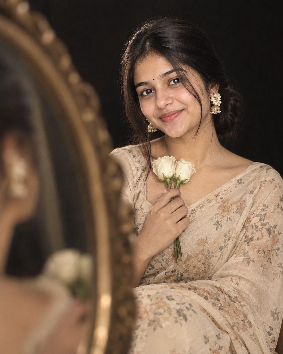 Create Cream Saree And Flower Image Using A Single Prompt — ChatGPT result 1