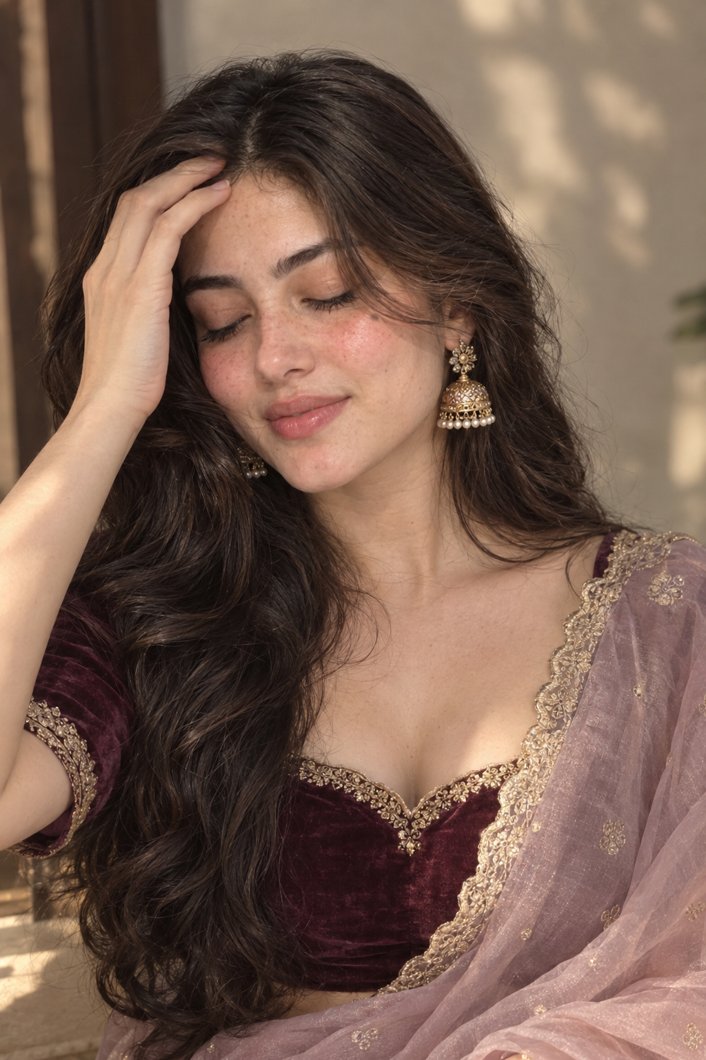 Soft Sunlight Saree Portrait Prompt For Girls – Burgundy Blouse & Pink Saree AI Text To Edit Prompt — ChatGPT result 1