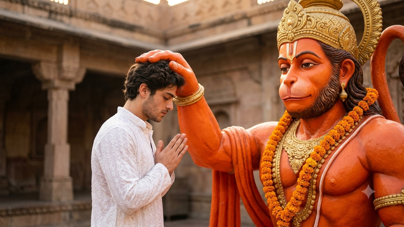 Photo with Hanumanji prompt – convert your normal photo into this — Gemini result 1
