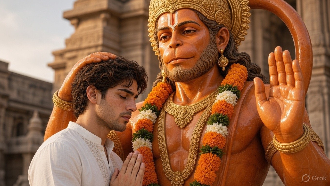 Photo with Hanumanji prompt – convert your normal photo into this — Grok result 1