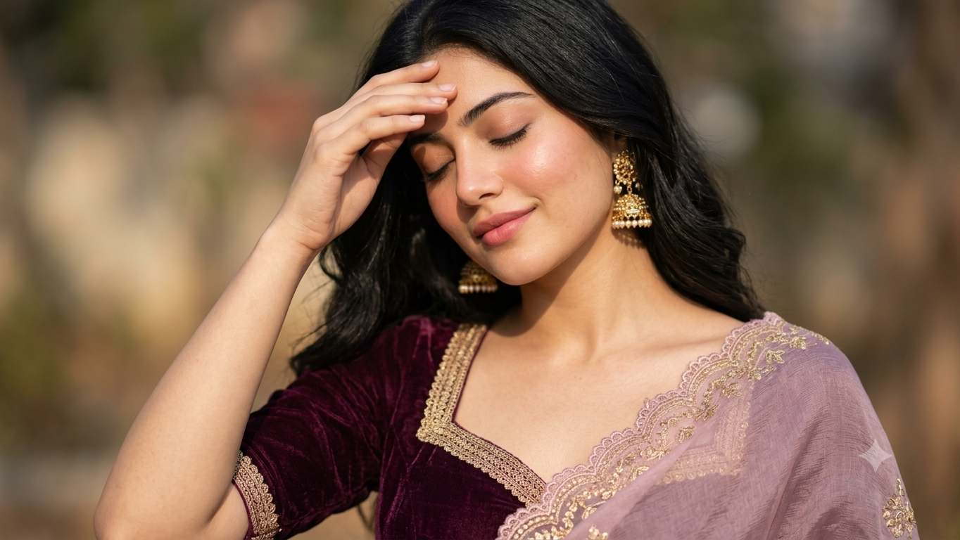 Soft Sunlight Saree Portrait Prompt For Girls – Burgundy Blouse & Pink Saree AI Text To Edit Prompt — Gemini result 1