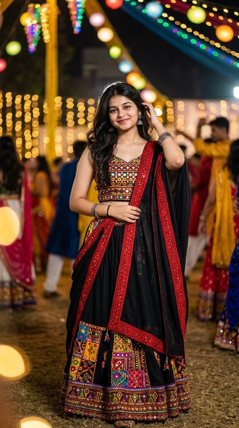 Create Black Gujarati Chaniya Choli Navratri AI Photo Prompt — Gemini result 1