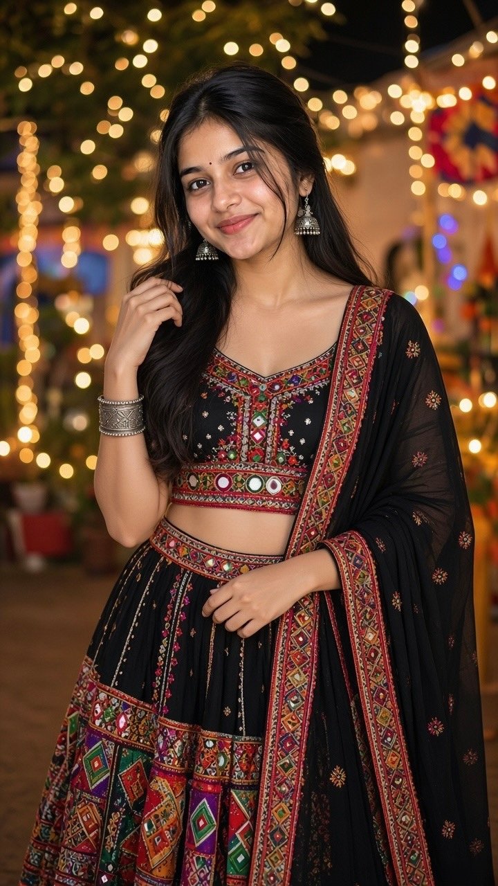 Create Black Gujarati Chaniya Choli Navratri AI Photo Prompt — Grok result 1