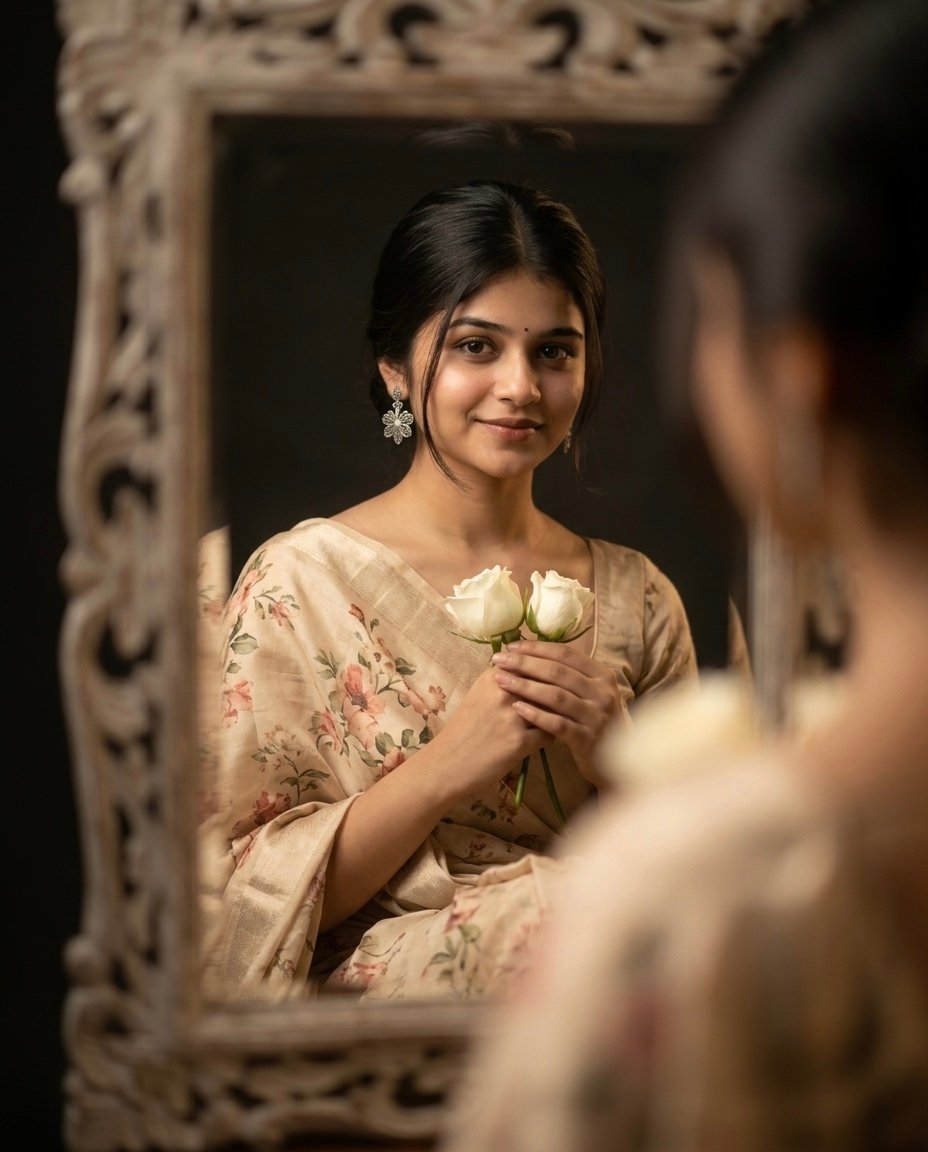 Create Cream Saree And Flower Image Using A Single Prompt — Gemini result 1