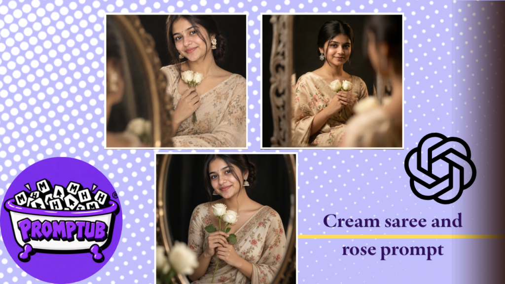 Create Cream Saree And Flower Image Using A Single Prompt — Create a stunning cinematic cream saree portrait with this free AI photo