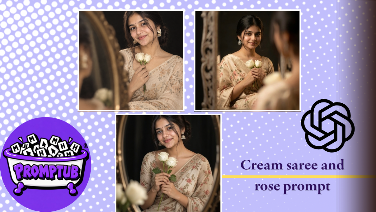 Create Cream Saree And Flower Image Using A Single Prompt — Create a stunning cinematic cream saree portrait with this free AI photo