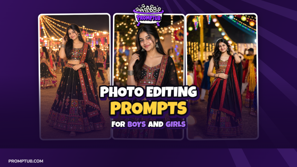 Create Black Gujarati Chaniya Choli Navratri AI Photo Prompt — Create a photorealistic Gujarati Navratri portrait in a black mirror-work chaniya choli,