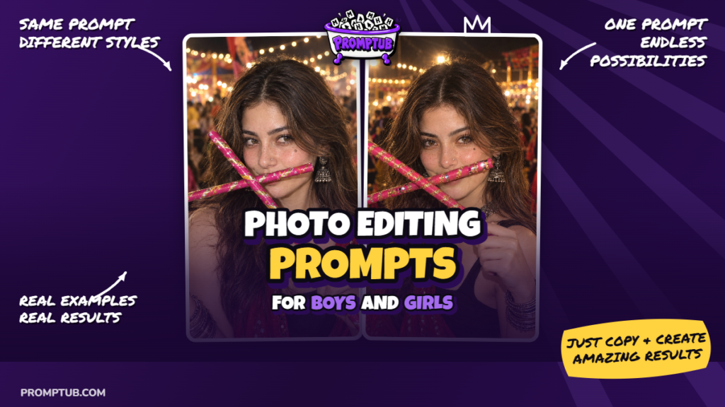 Create This Navratri Dandiya Close-Up Portrait Photo– AI Photo Prompt — Create a playful Garba-night portrait with Ai pink dandiya sticks, a black